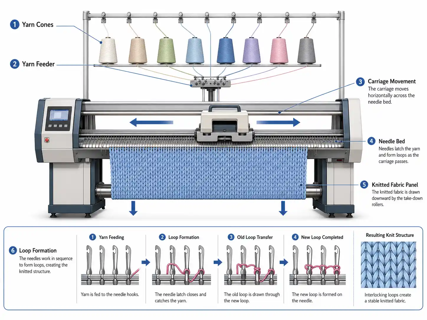 Flat knitting machine process diagram Flat knitting machine process diagram