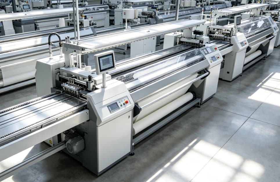 Modern industrial flat knitting machine in a bright factory floor