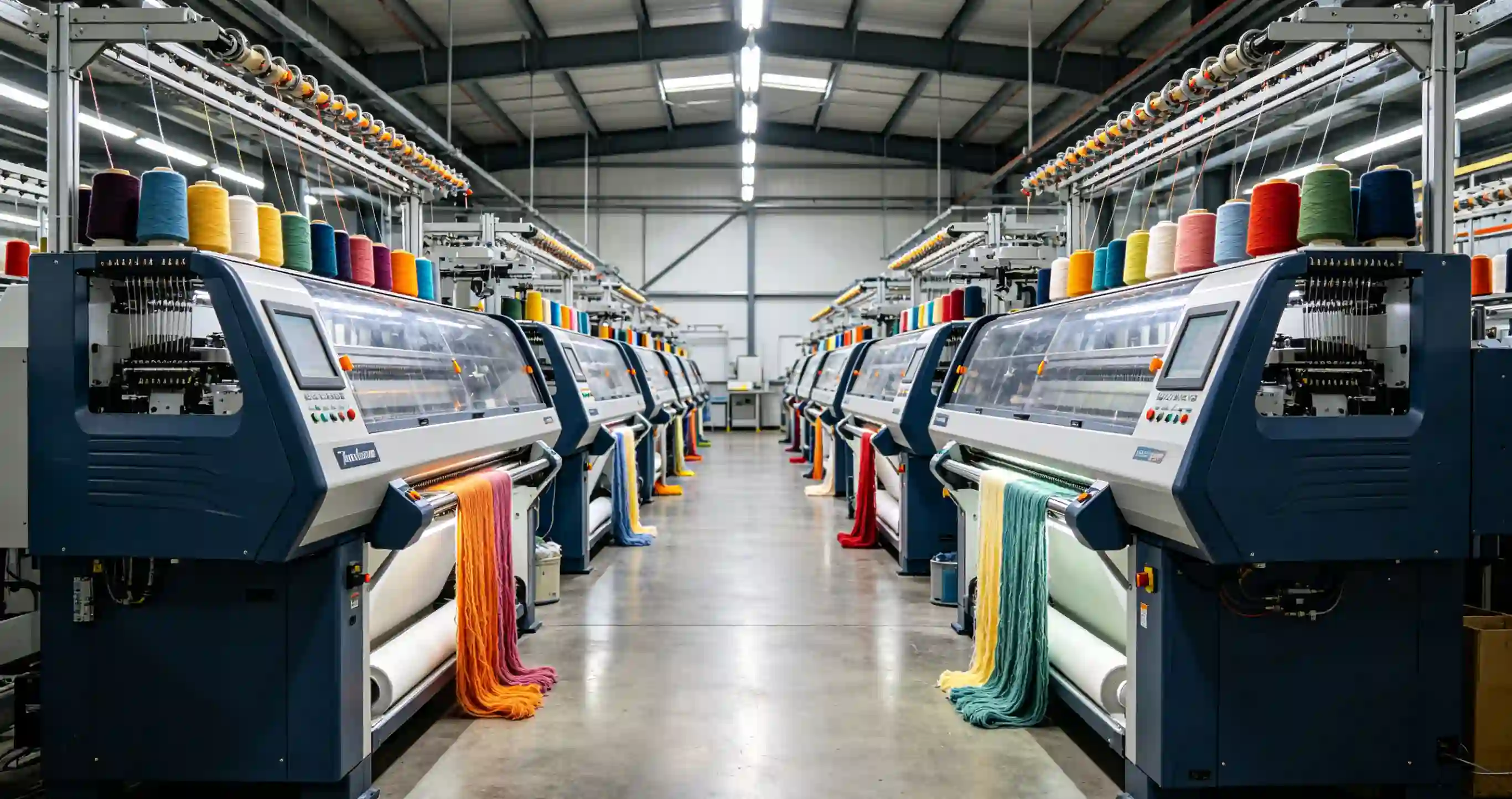A row of automated computerized flat knitting machines producing garments in a modern textile factory.