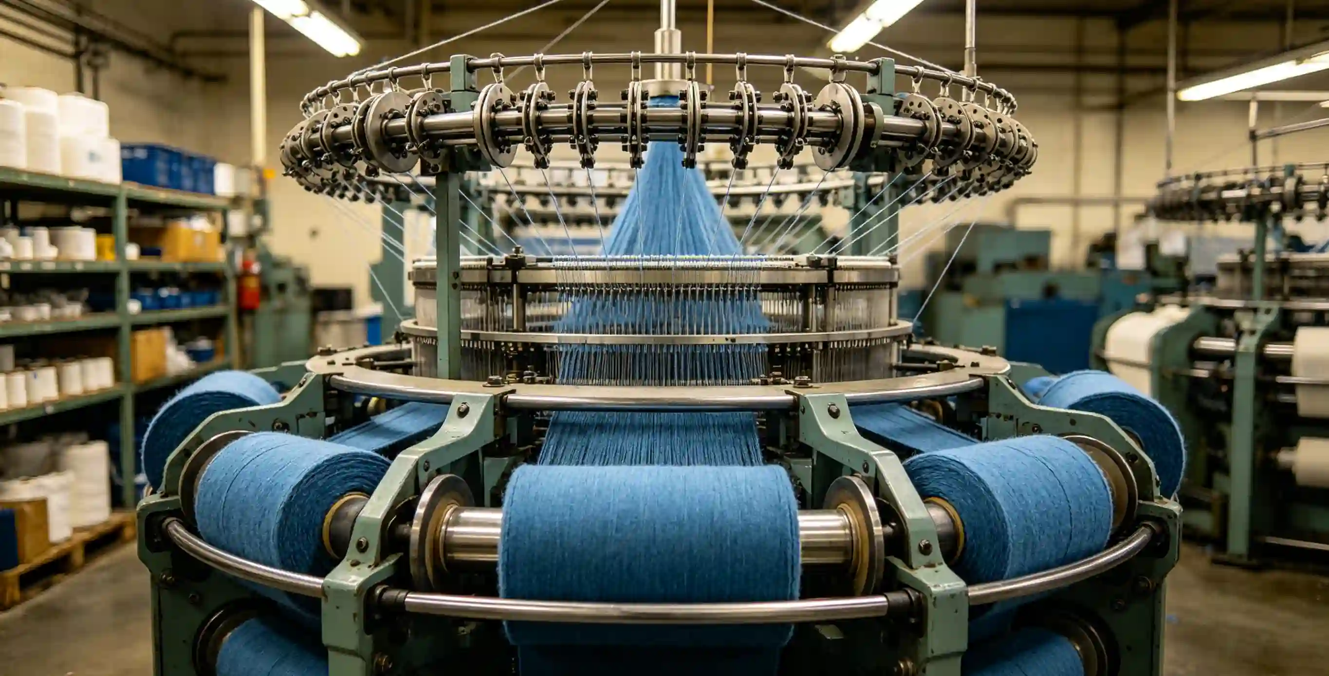 Industrial circular knitting machine producing blue textile rolls in a factory.