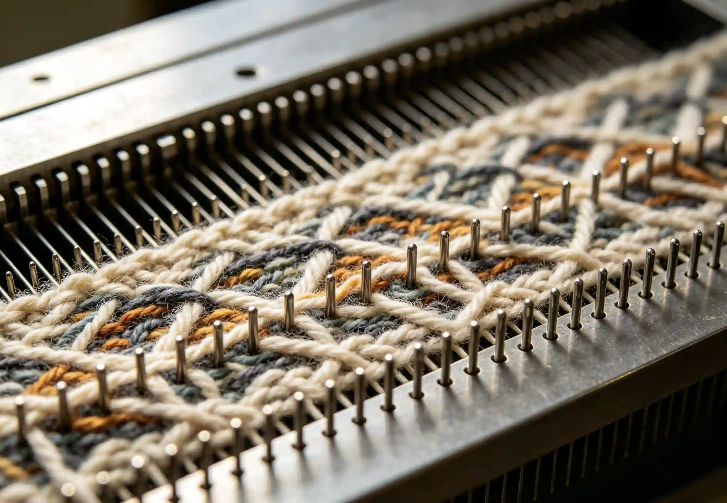 Close-up of a flat knitting machine needle bed with intricate yarn patterns.