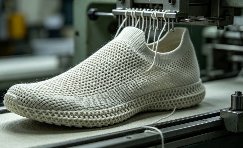Close-up of a 3D knitted shoe upper on a flat knitting machine