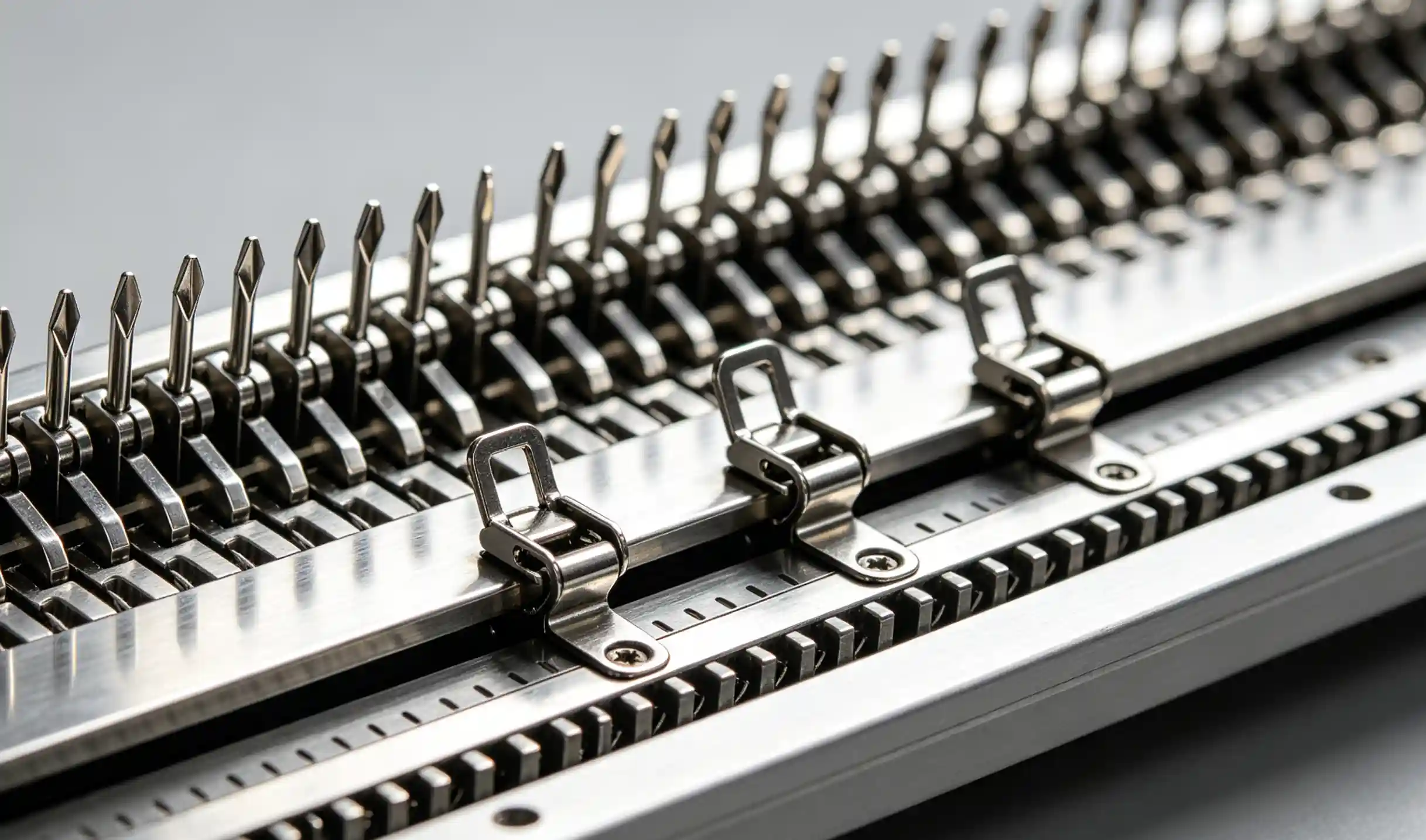 Close-up view of intricate steel needles and latches arranged precisely on an electronic knitting machine bed.